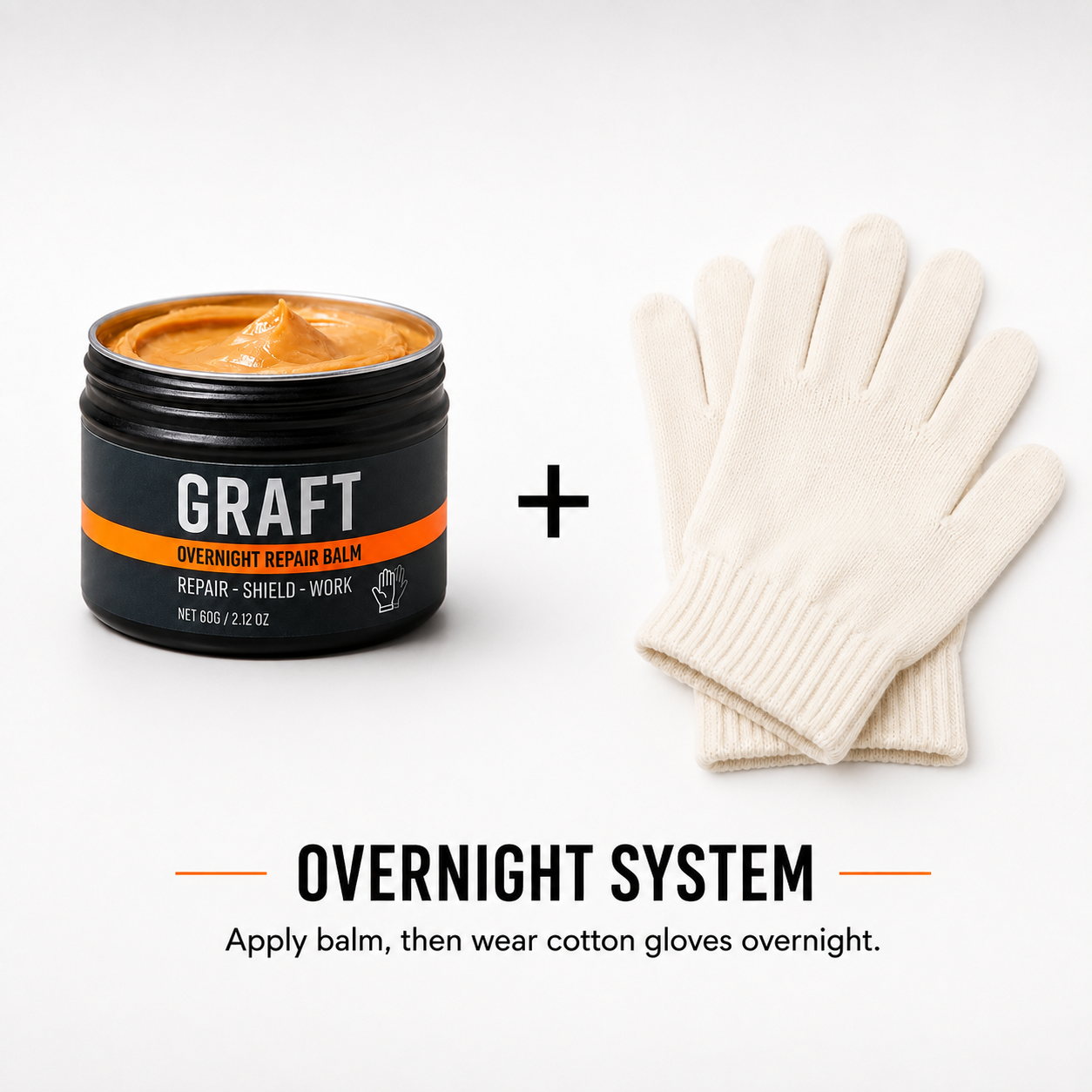 GRAFT overnight repair balm next to cotton gloves — apply balm, then wear cotton gloves overnight