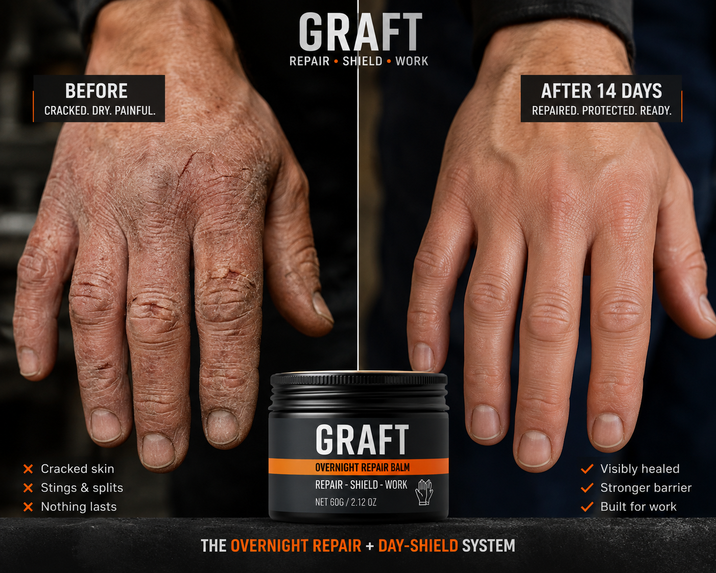 Before and after 14 days of GRAFT: cracked, split hand on the left, repaired hand on the right