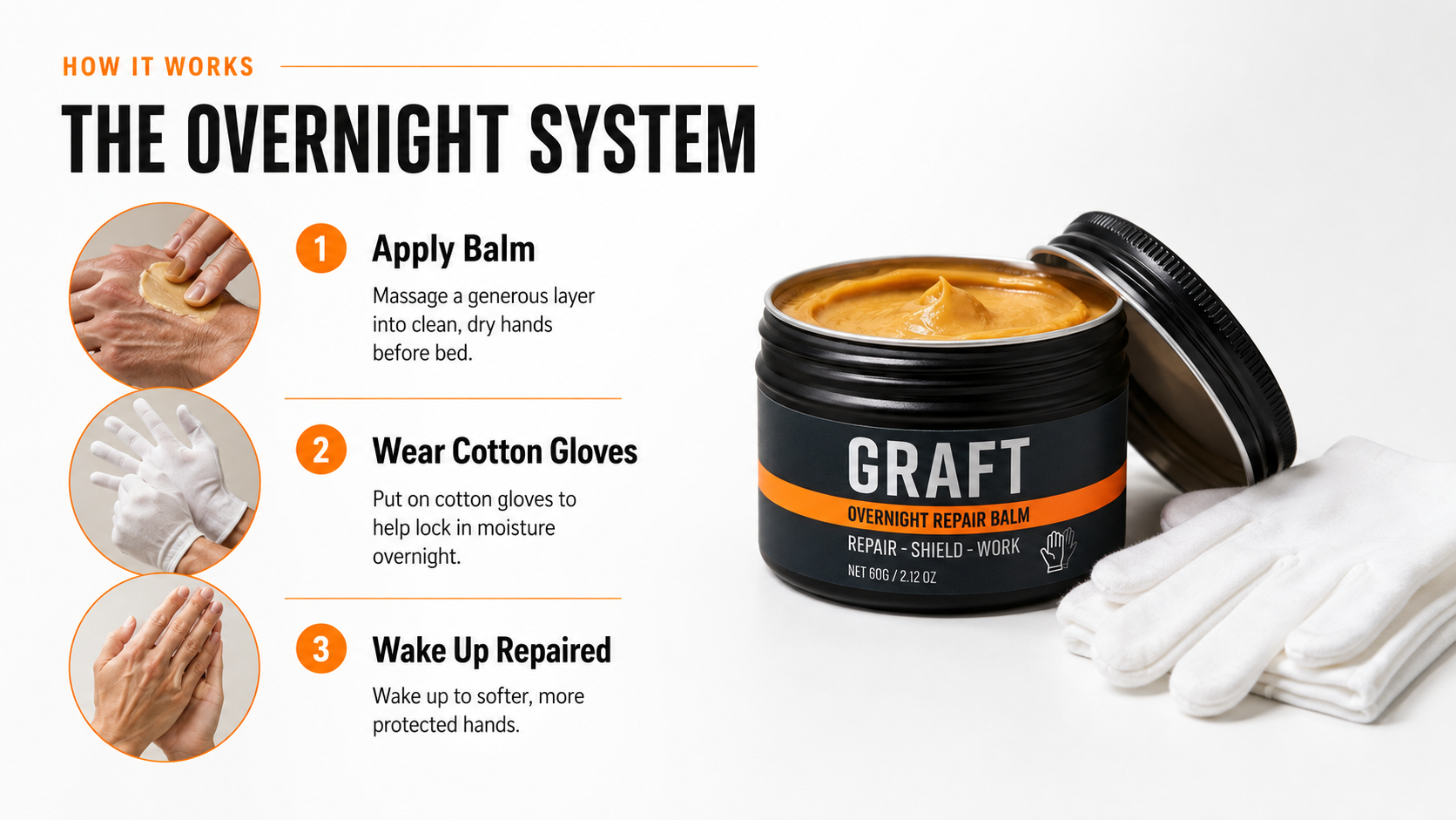 How the GRAFT overnight system works: apply balm, wear cotton gloves, wake up repaired